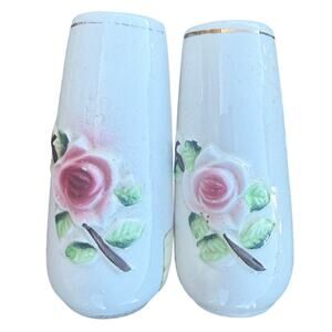 Vintage Japan Porcelain Rose Salt & Pepper Shakers Gold Trim Farmhouse Prayer